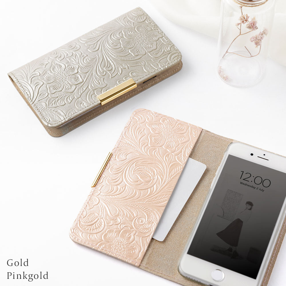 Embossed leather genuine leather floral pattern gold frame deco notebook-style case AQUOS series