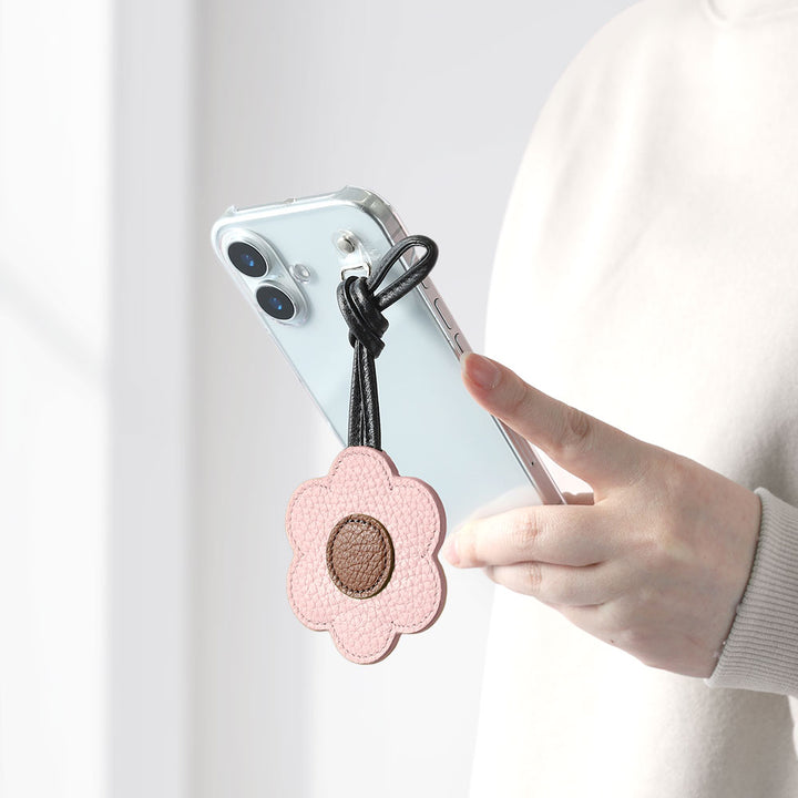 Accessoire cuir véritable cuir italien grainé porte-miroir fleur avec cordon