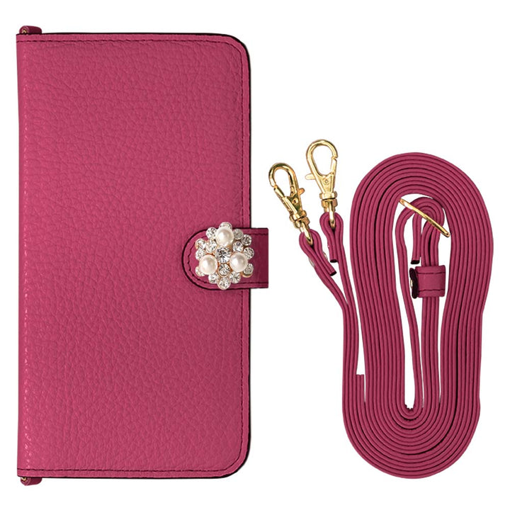 Genuine leather 32 colors Italian shrink leather with shoulder strap Crystal pearl decoration notebook-style case (with belt) AQUOS series