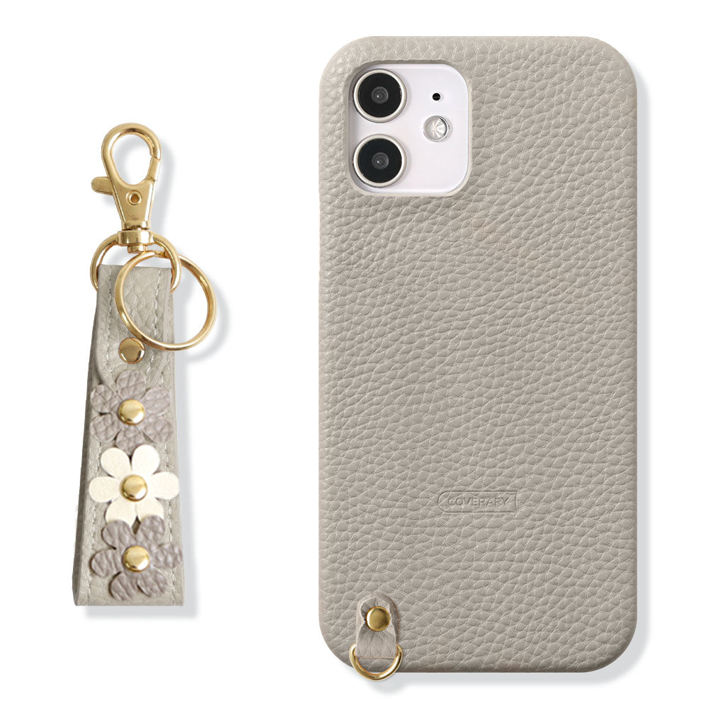 Vegan leather textured flower deco finger strap attached back case for iPhone series