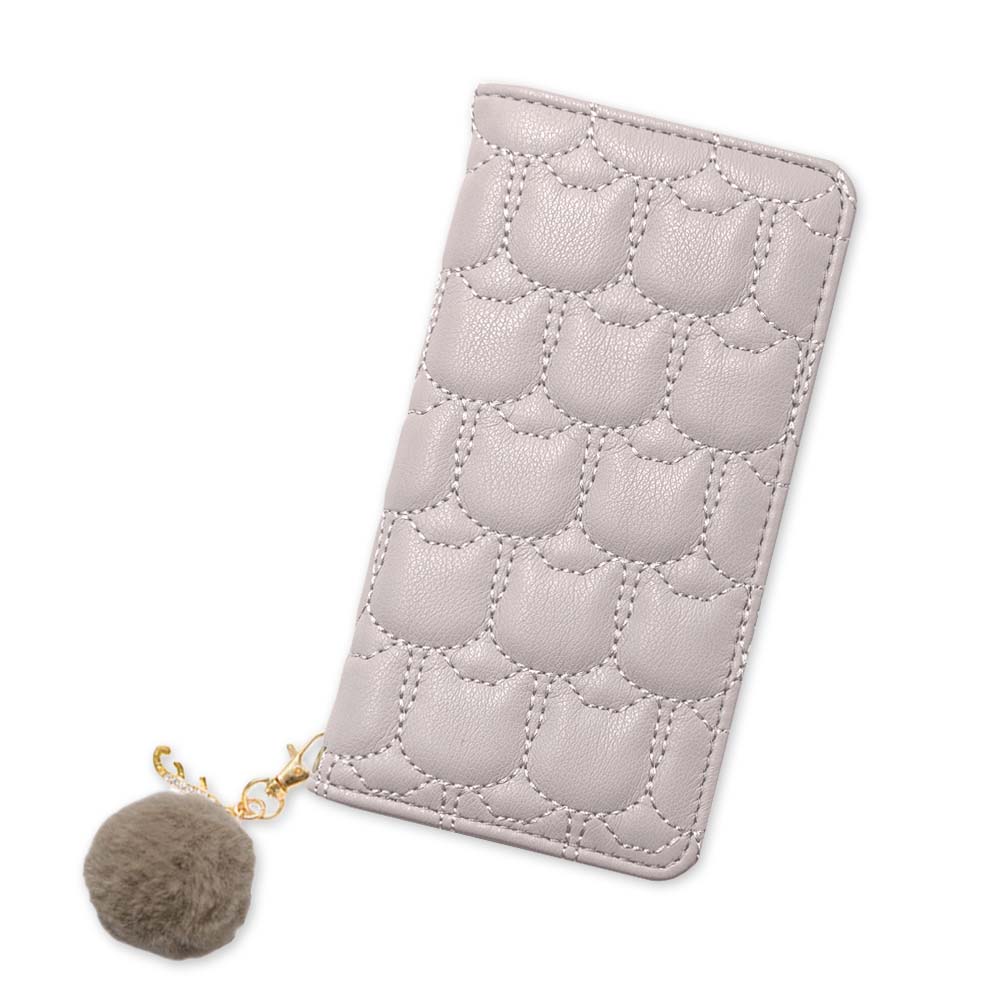Vegan leather cat quilting initial fur charm attached notebook-style case for iPhone series