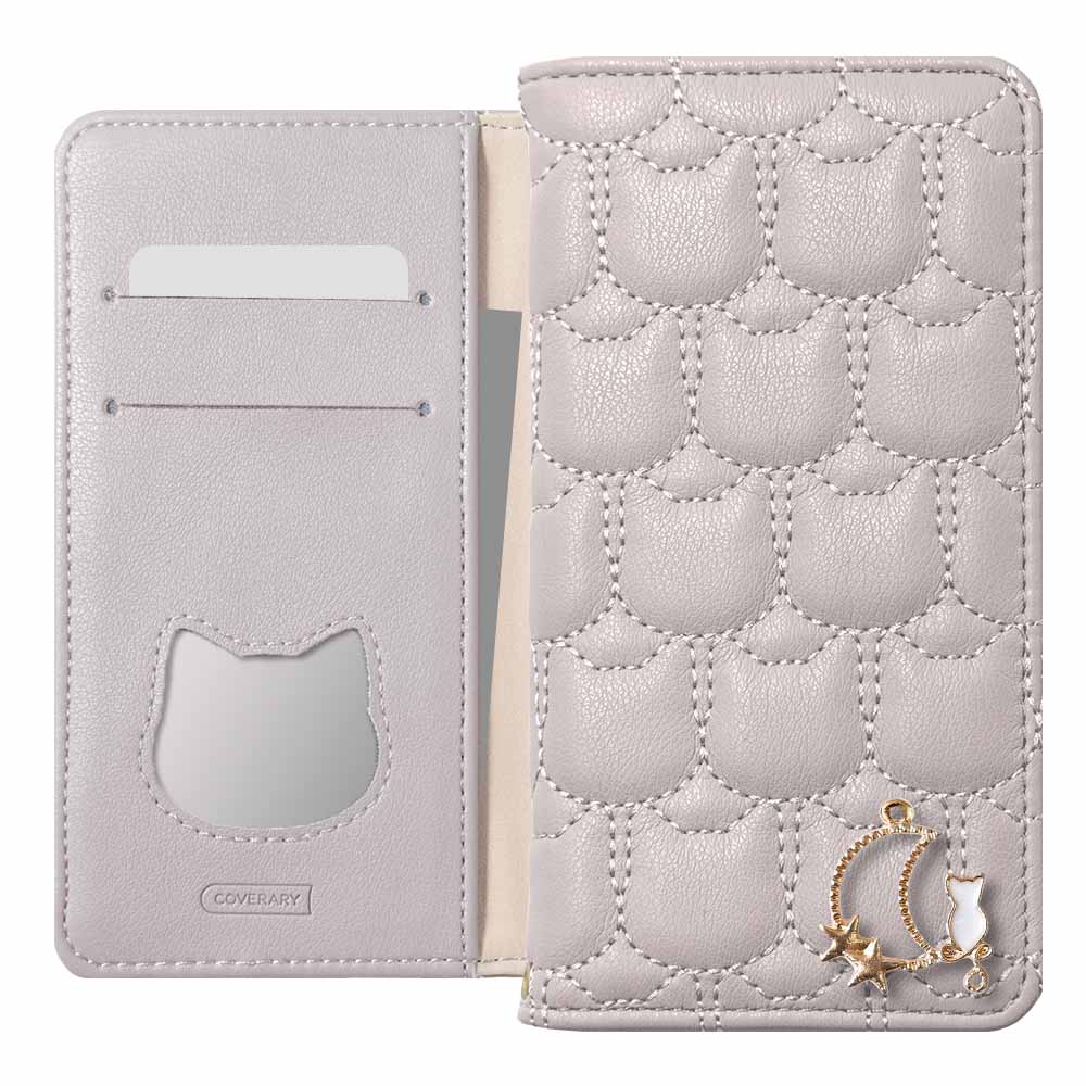 ヴィーガンレザー ネコキルティング ムーンキャットデコ 手帳型ケース Galaxyシリーズ