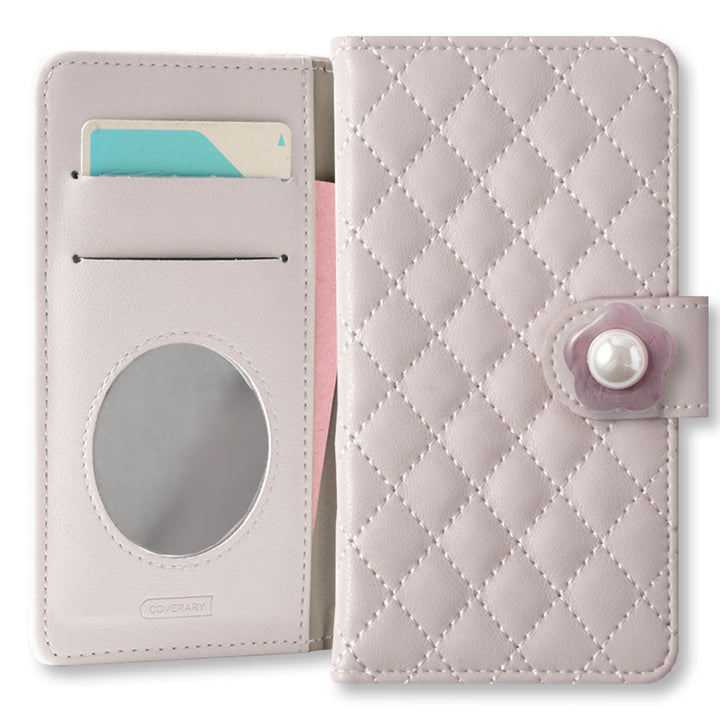 Quilted Flower Pearl Decor Wallet Case with Mirror (with Belt) for iPhone Series