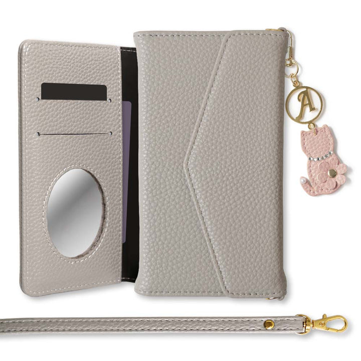 Vegan leather tri-fold dusty color strap & cat flower initial charm attached notebook-style case AQUOS series