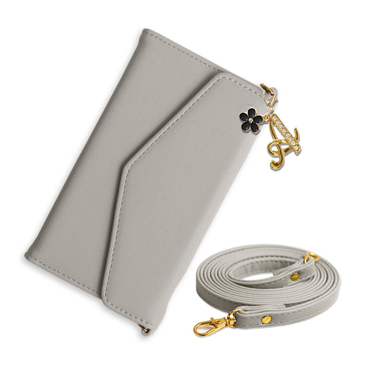 Vegan leather tri-fold muted pastel flower initial charm strap attached notebook-style case AQUOS series