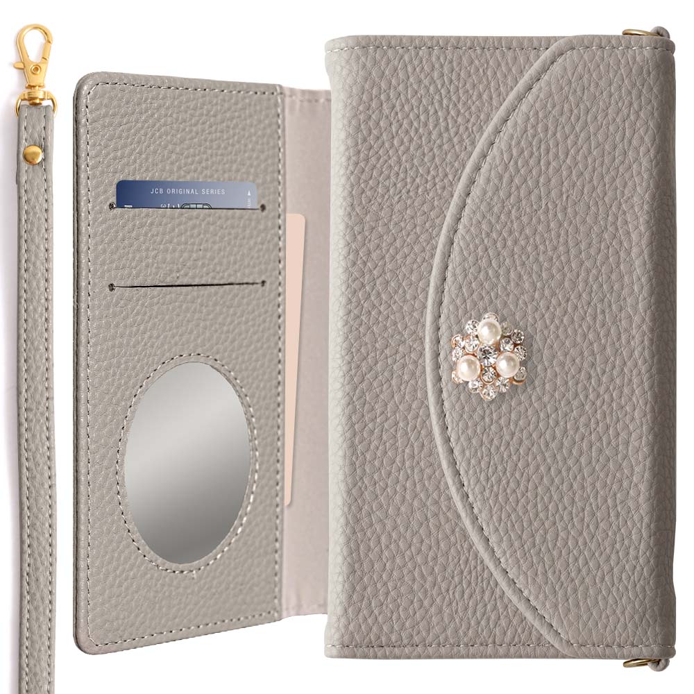 Vegan leather tri-fold smoky color crystal pearl decoration & strap included notebook-style case AQUOS series