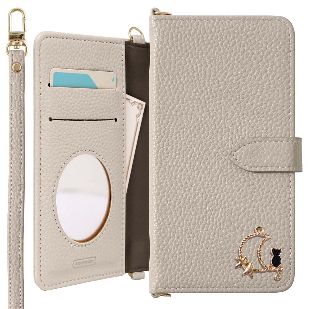 Vegan leather dusty color moon cat deco strap attached notebook-style case (with belt) AQUOS series