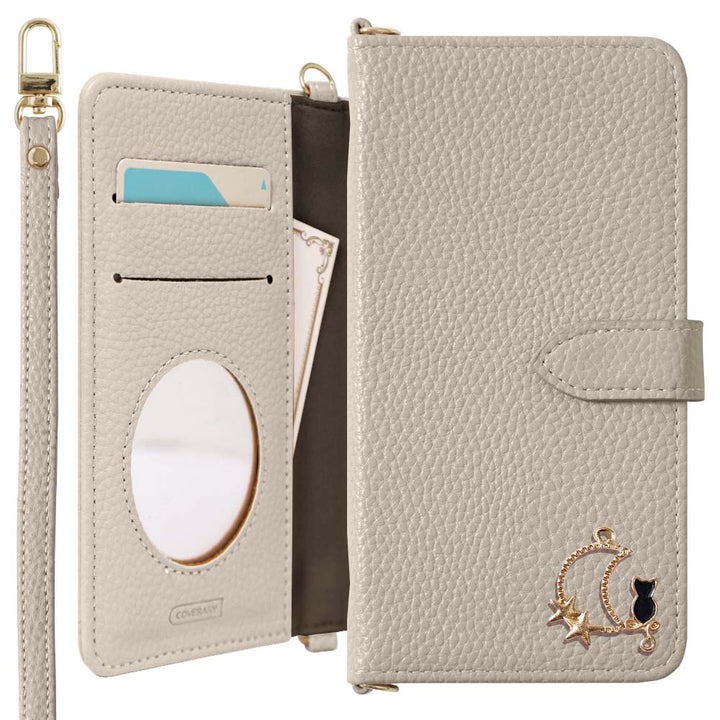 Vegan leather dusty color moon cat deco strap attached notebook-style case (with belt) AQUOS series