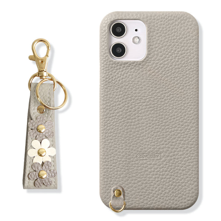 Vegan leather textured flower deco finger strap attached back case AQUOS series