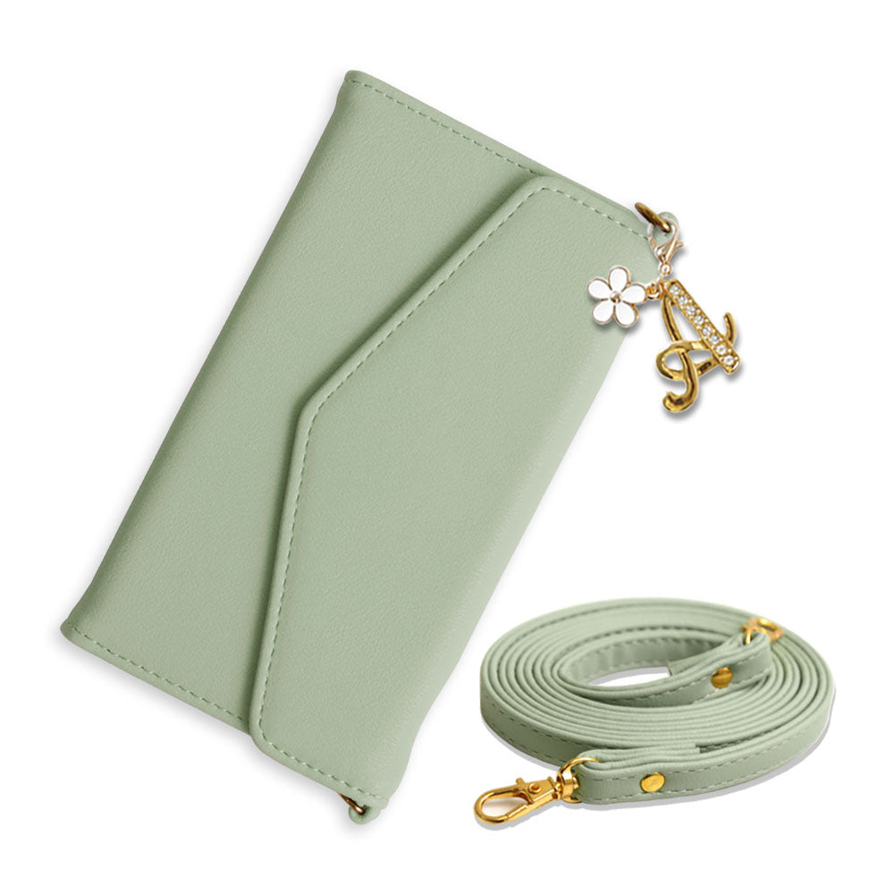 Vegan leather tri-fold muted pastel flower initial charm strap attached notebook-style case AQUOS series