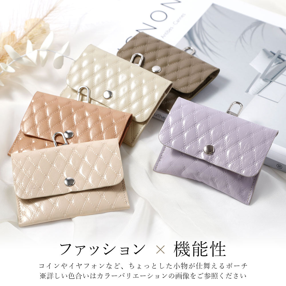 キルティングレザー 本革 イヤホンケース コインケース 吊り下げフック付き