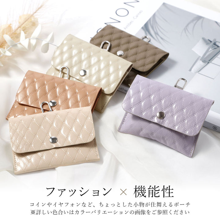 キルティングレザー 本革 イヤホンケース コインケース 吊り下げフック付き