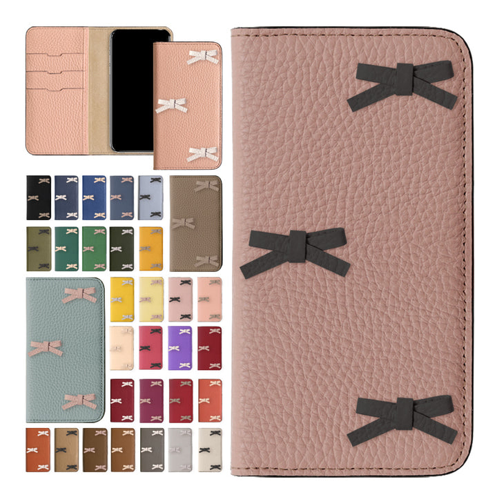Coque portefeuille à ruban décoratif designée par soi-même en cuir véritable, 32 couleurs, cuir italien grainé