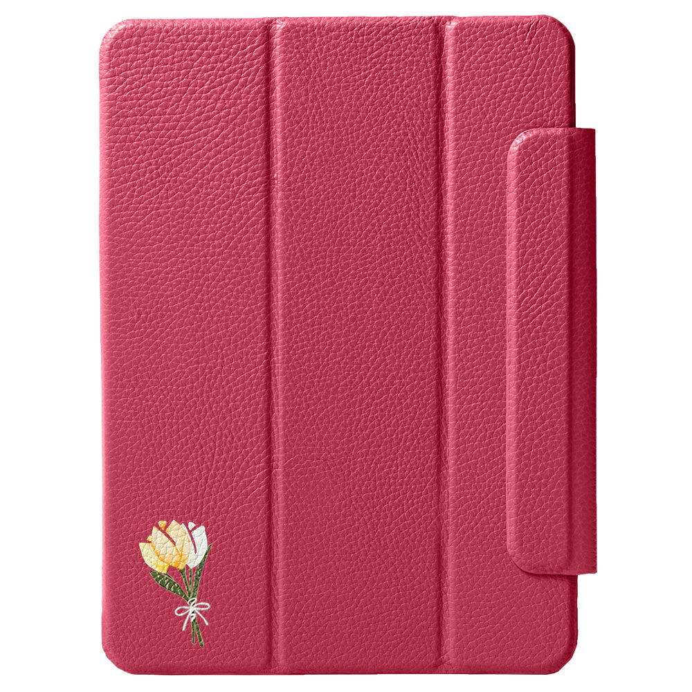 Étui iPad en cuir véritable italien gaufré, imprimé tulipe, 32 couleurs, fonction support