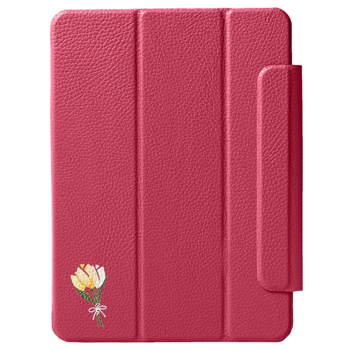Étui iPad en cuir véritable italien gaufré, imprimé tulipe, 32 couleurs, fonction support