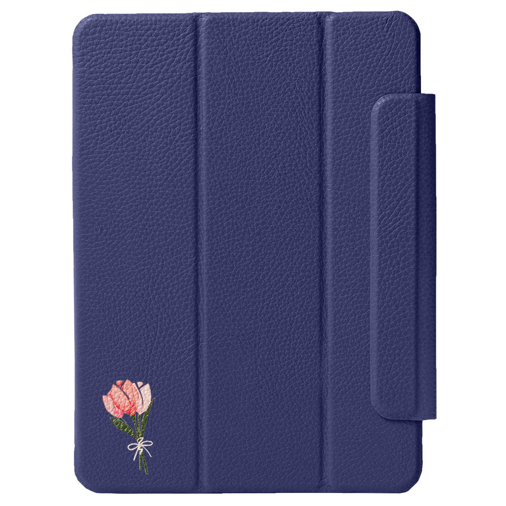 Étui iPad en cuir véritable italien gaufré, imprimé tulipe, 32 couleurs, fonction support