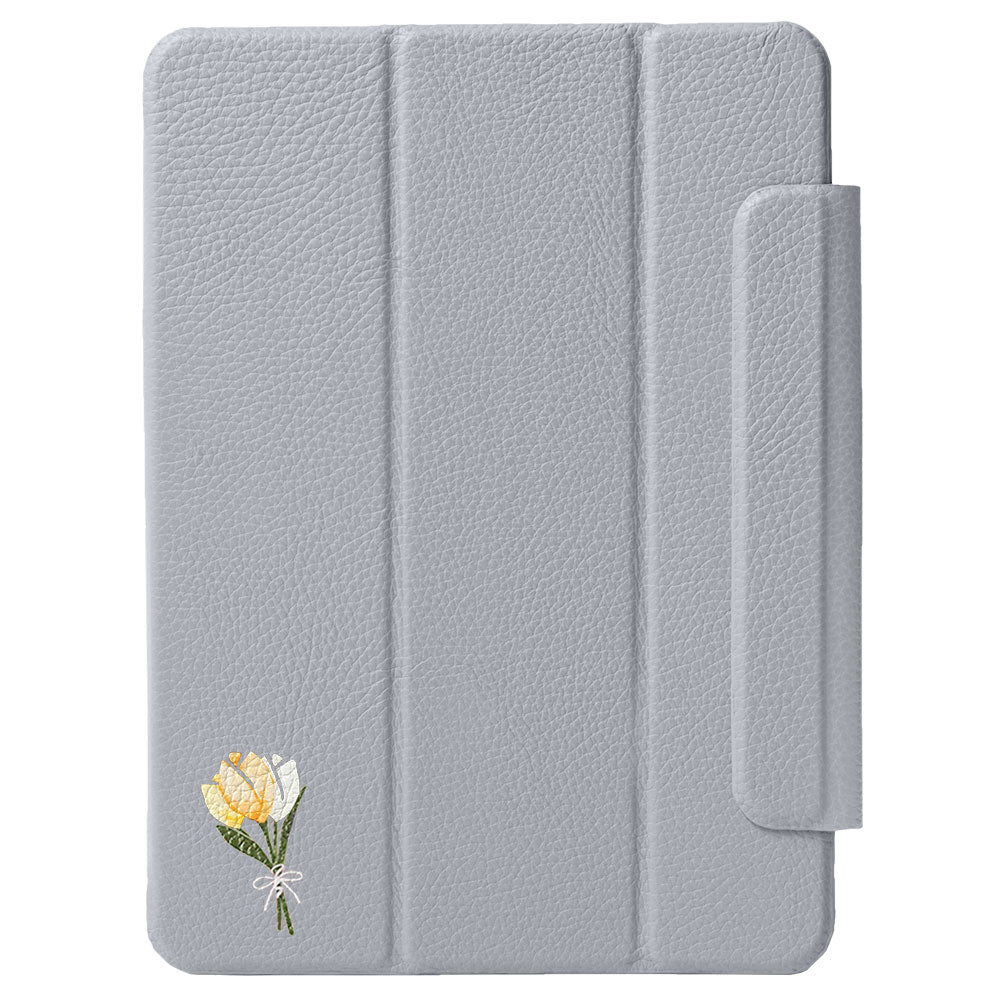 Étui iPad en cuir véritable italien gaufré, imprimé tulipe, 32 couleurs, fonction support