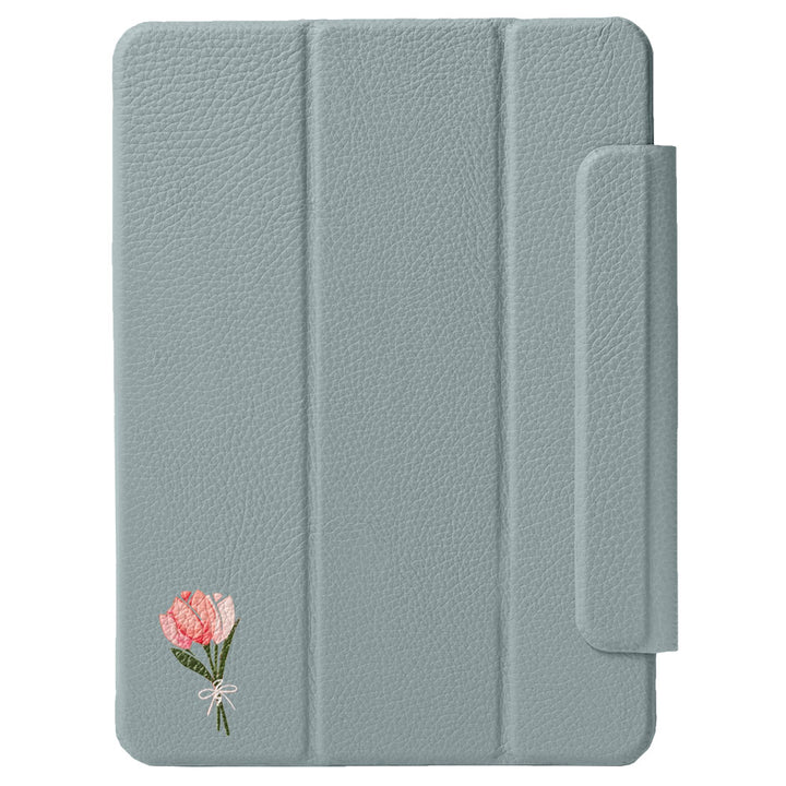 Étui iPad en cuir véritable italien gaufré, imprimé tulipe, 32 couleurs, fonction support