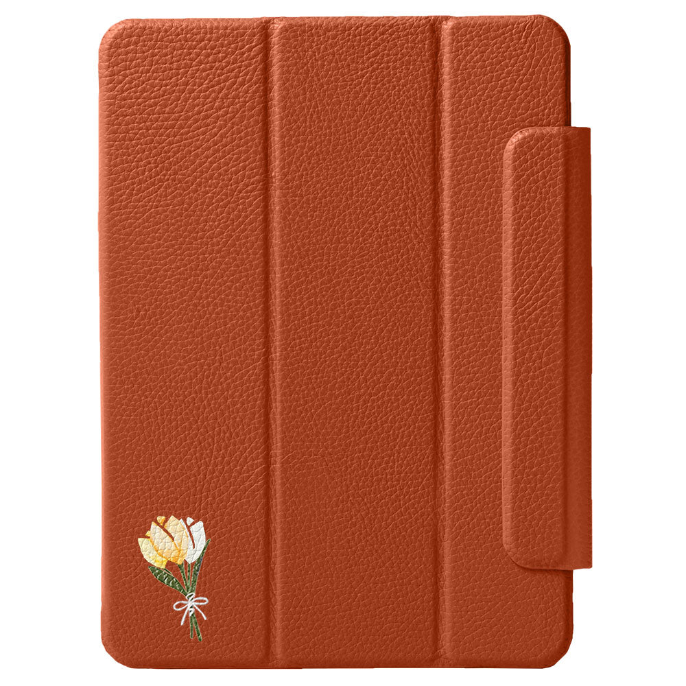 Étui iPad en cuir véritable italien gaufré, imprimé tulipe, 32 couleurs, fonction support