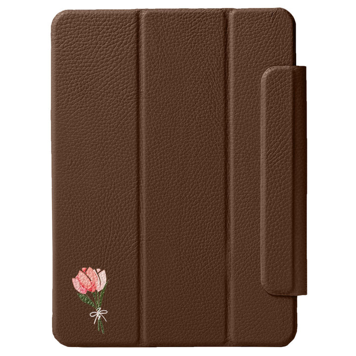 Étui iPad en cuir véritable italien gaufré, imprimé tulipe, 32 couleurs, fonction support