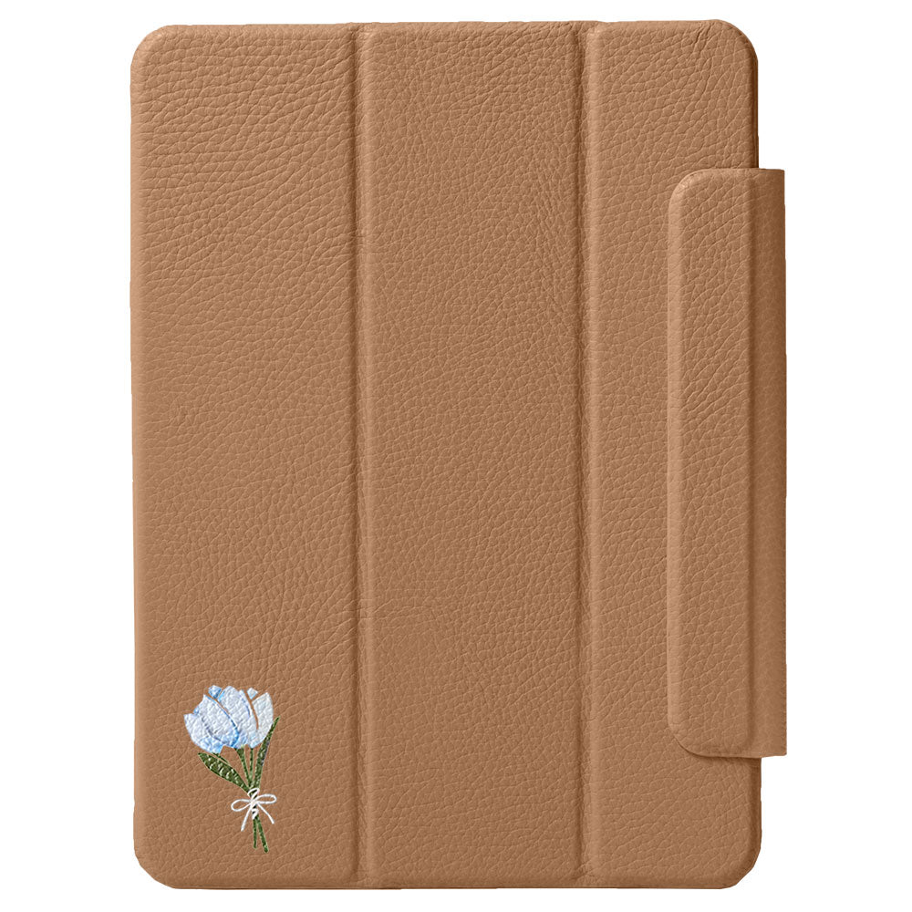 Étui iPad en cuir véritable italien gaufré, imprimé tulipe, 32 couleurs, fonction support