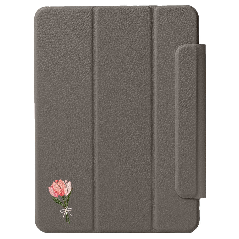 Étui iPad en cuir véritable italien gaufré, imprimé tulipe, 32 couleurs, fonction support