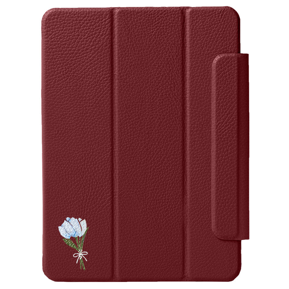 Étui iPad en cuir véritable italien gaufré, imprimé tulipe, 32 couleurs, fonction support