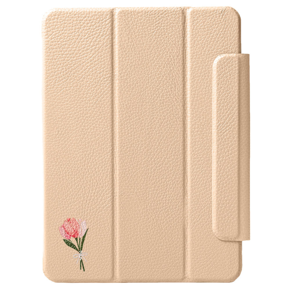 Étui iPad en cuir véritable italien gaufré, imprimé tulipe, 32 couleurs, fonction support