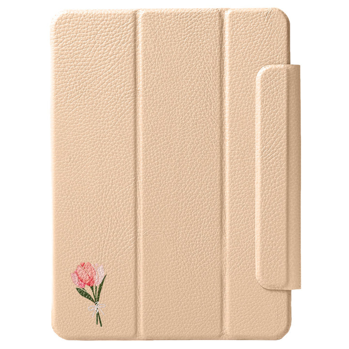 Étui iPad en cuir véritable italien gaufré, imprimé tulipe, 32 couleurs, fonction support