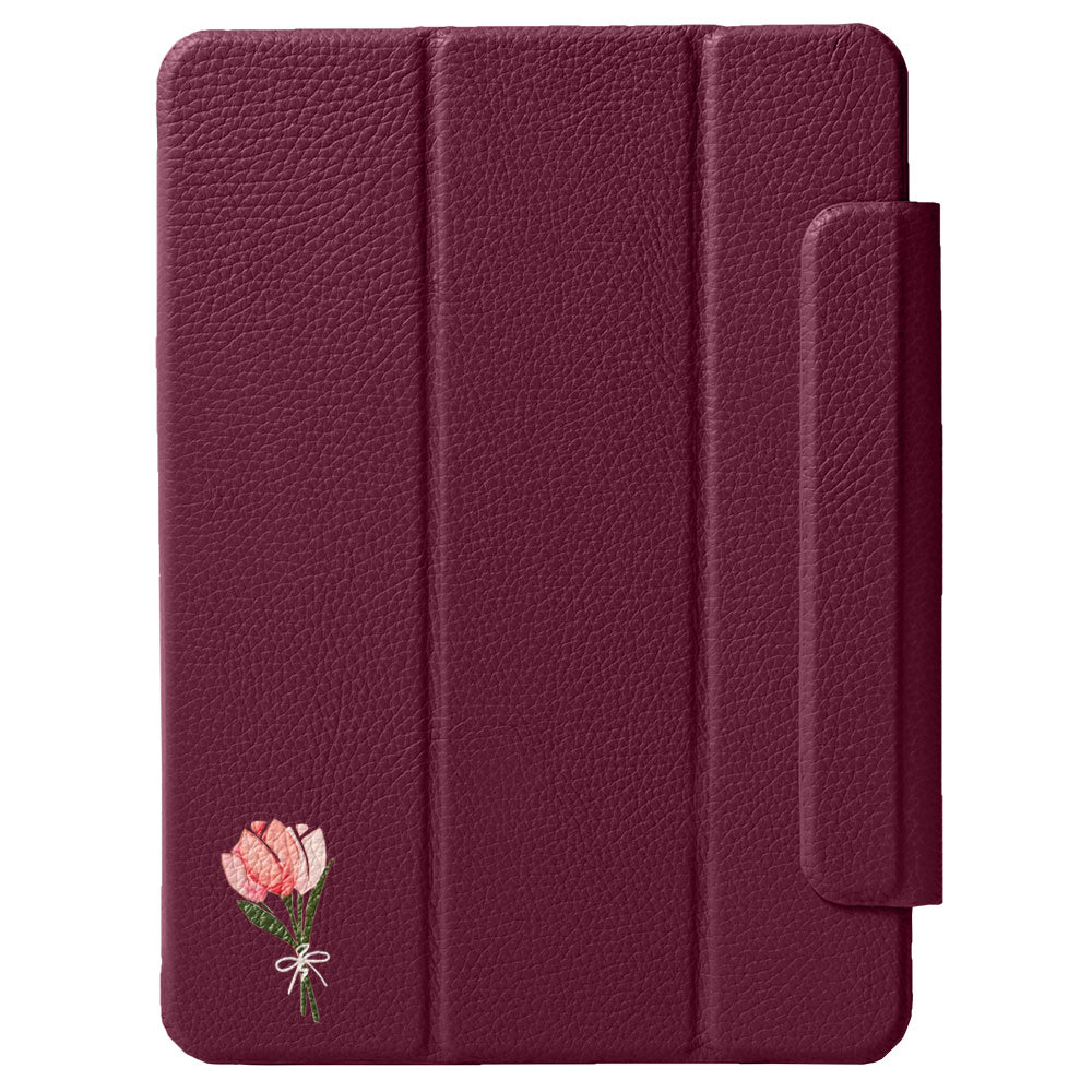 Étui iPad en cuir véritable italien gaufré, imprimé tulipe, 32 couleurs, fonction support