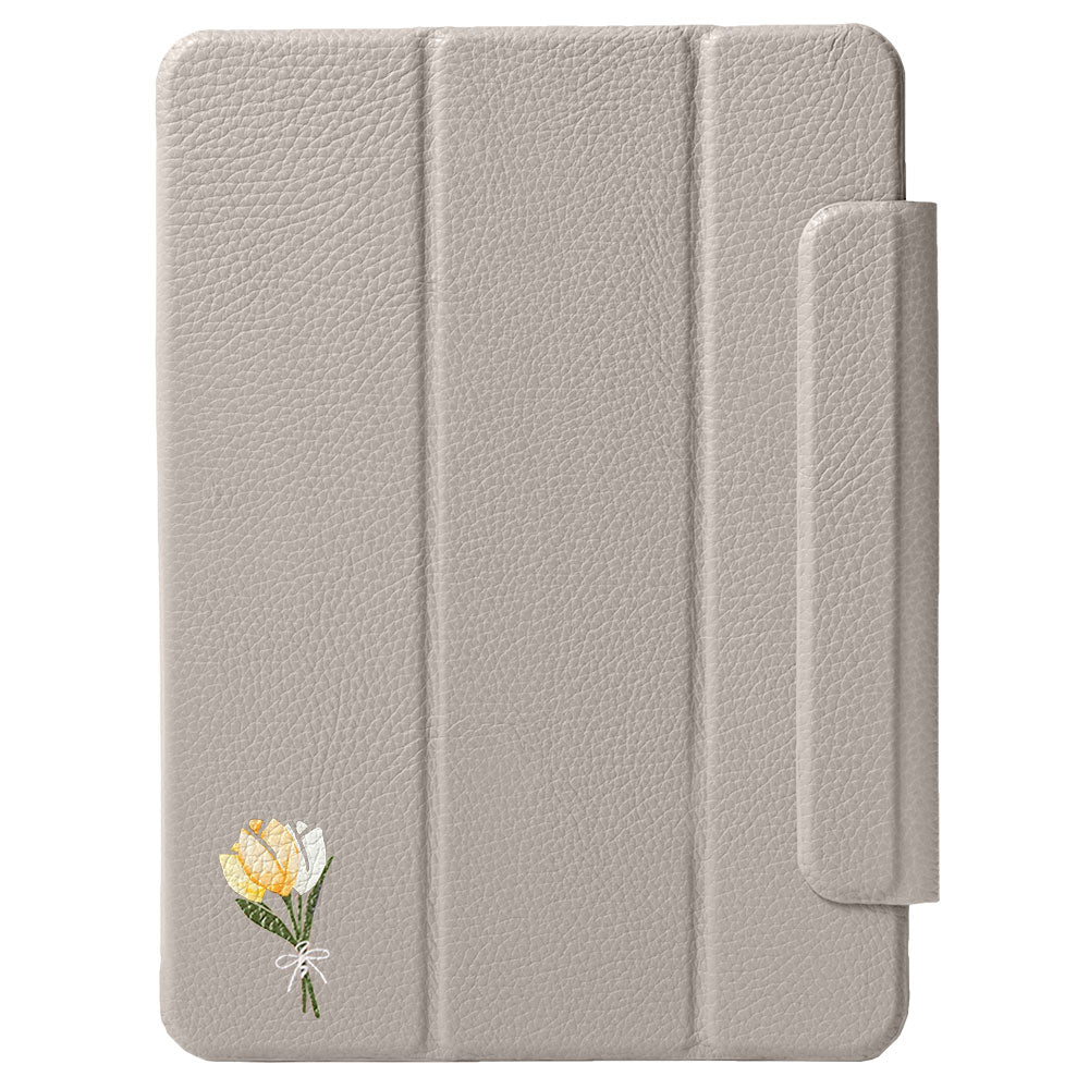 Étui iPad en cuir véritable italien gaufré, imprimé tulipe, 32 couleurs, fonction support