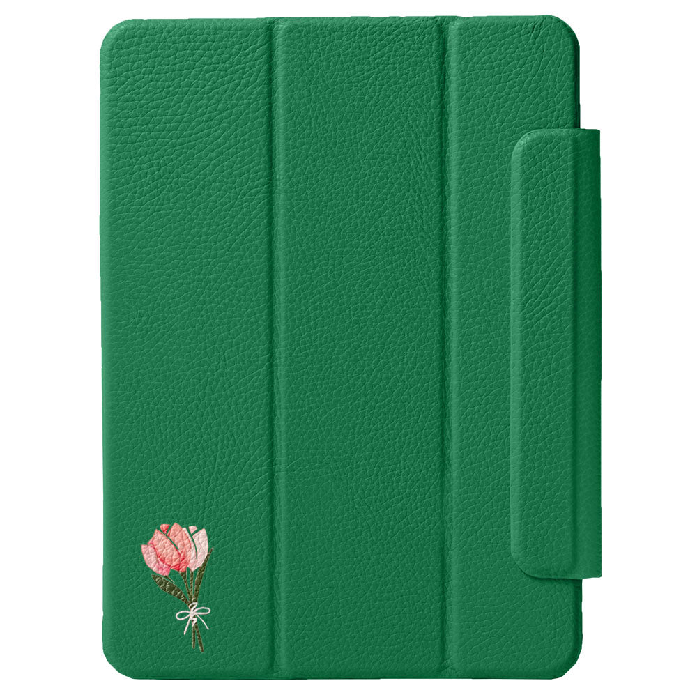Étui iPad en cuir véritable italien gaufré, imprimé tulipe, 32 couleurs, fonction support