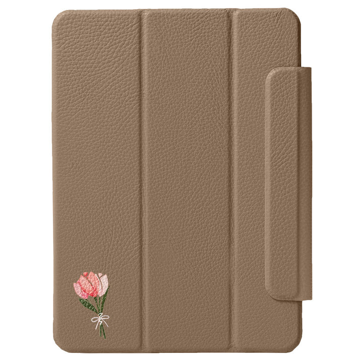 Étui iPad en cuir véritable italien gaufré, imprimé tulipe, 32 couleurs, fonction support