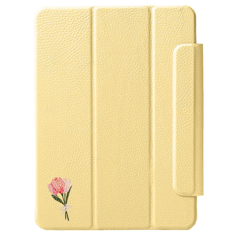 Étui iPad en cuir véritable italien gaufré, imprimé tulipe, 32 couleurs, fonction support