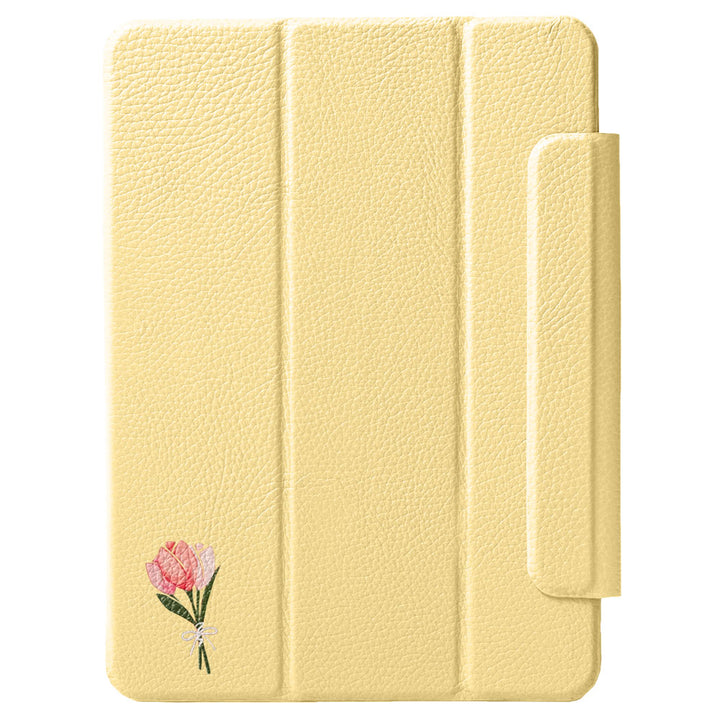 Étui iPad en cuir véritable italien gaufré, imprimé tulipe, 32 couleurs, fonction support