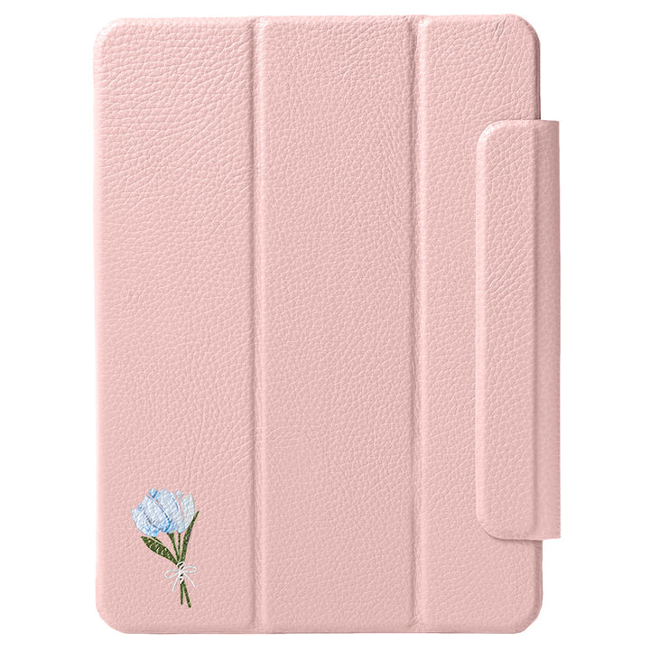 Étui iPad en cuir véritable italien gaufré, imprimé tulipe, 32 couleurs, fonction support