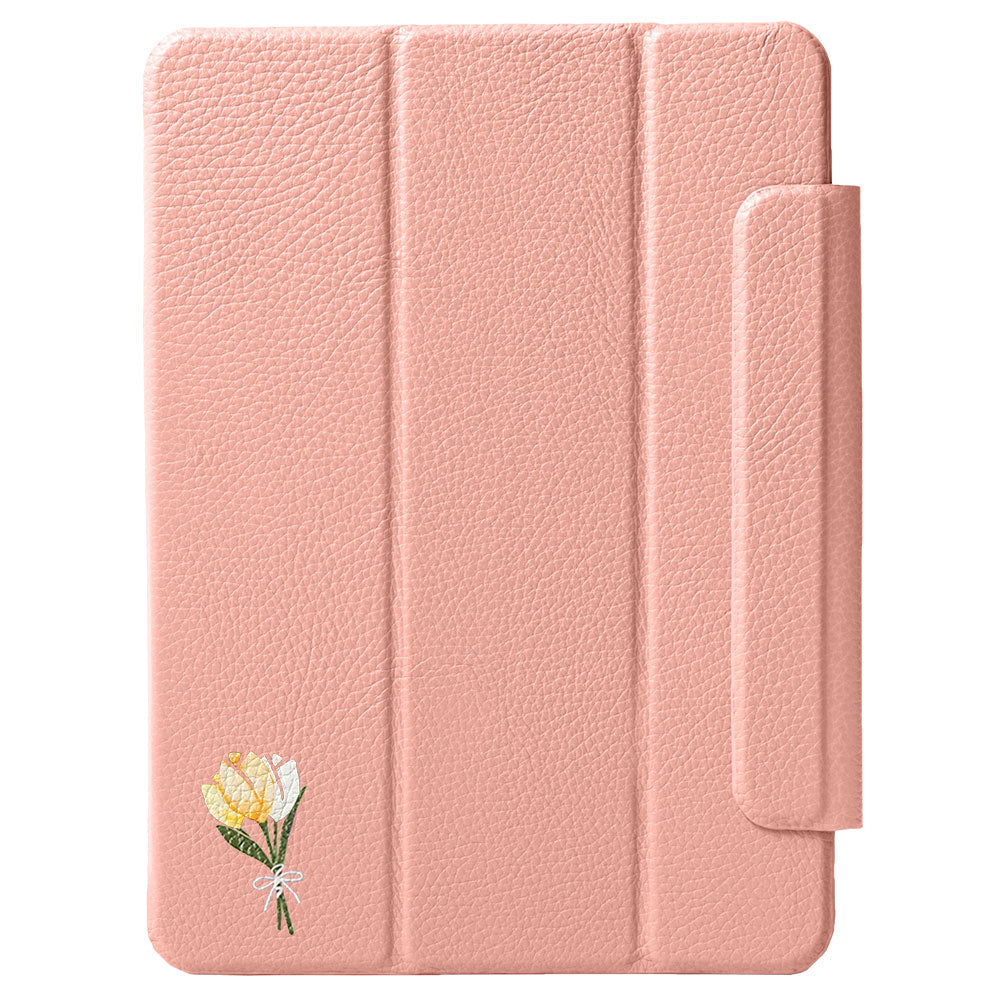 Étui iPad en cuir véritable italien gaufré, imprimé tulipe, 32 couleurs, fonction support