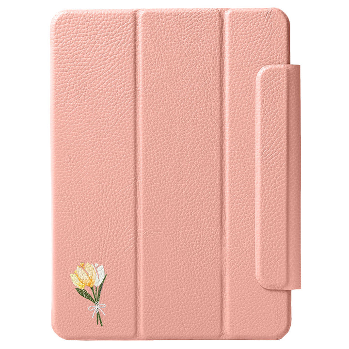 Étui iPad en cuir véritable italien gaufré, imprimé tulipe, 32 couleurs, fonction support