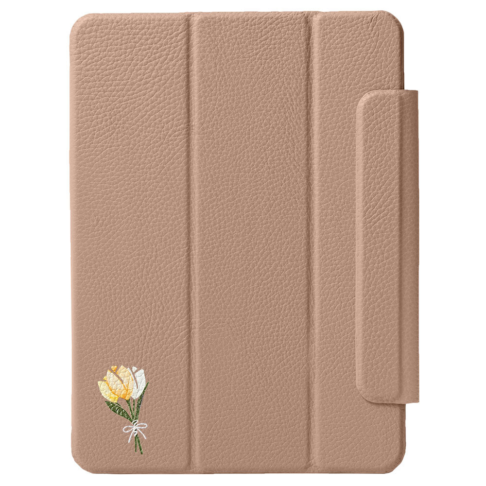 Étui iPad en cuir véritable italien gaufré, imprimé tulipe, 32 couleurs, fonction support