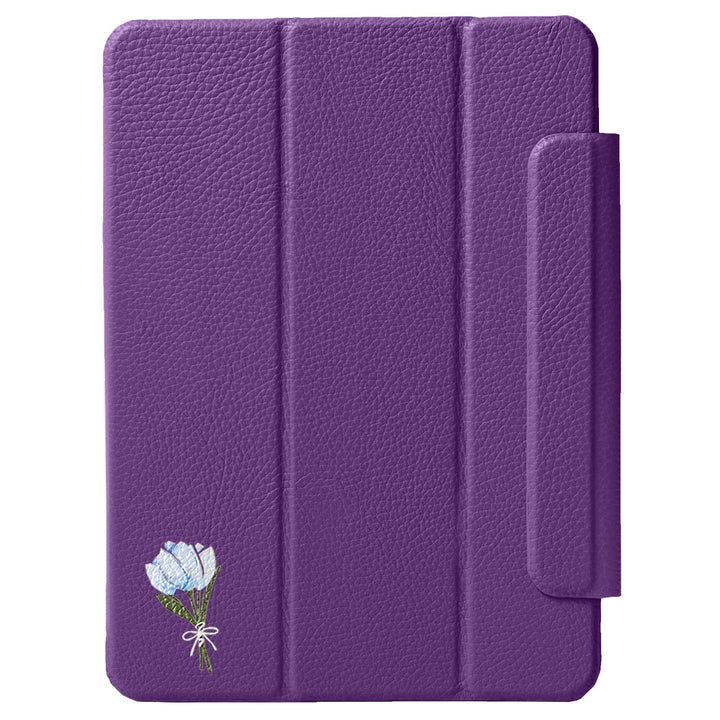 Étui iPad en cuir véritable italien gaufré, imprimé tulipe, 32 couleurs, fonction support