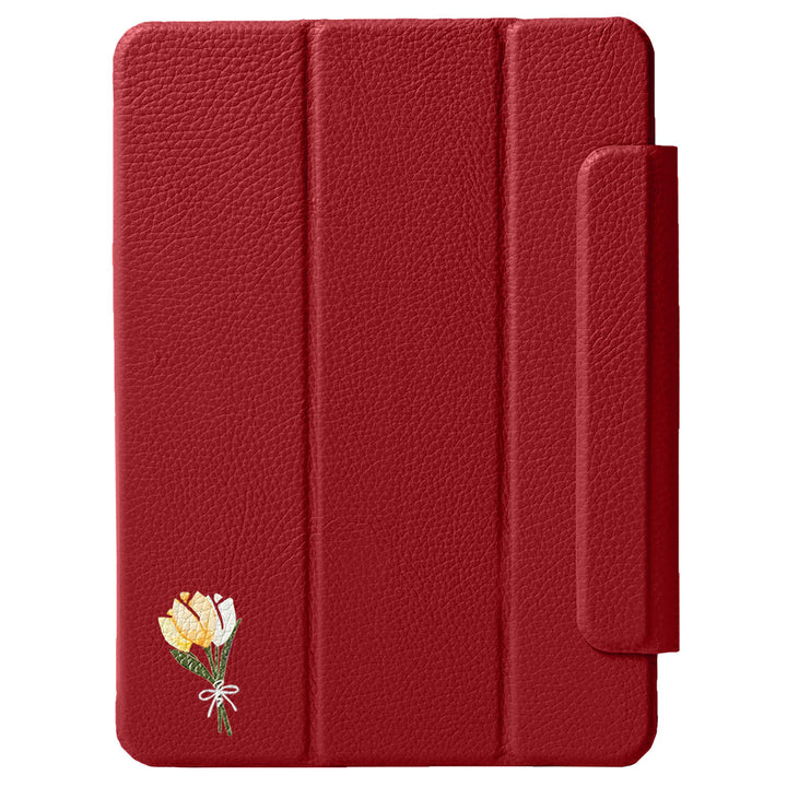 Étui iPad en cuir véritable italien gaufré, imprimé tulipe, 32 couleurs, fonction support