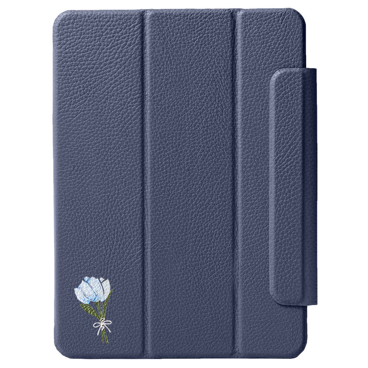 Étui iPad en cuir véritable italien gaufré, imprimé tulipe, 32 couleurs, fonction support