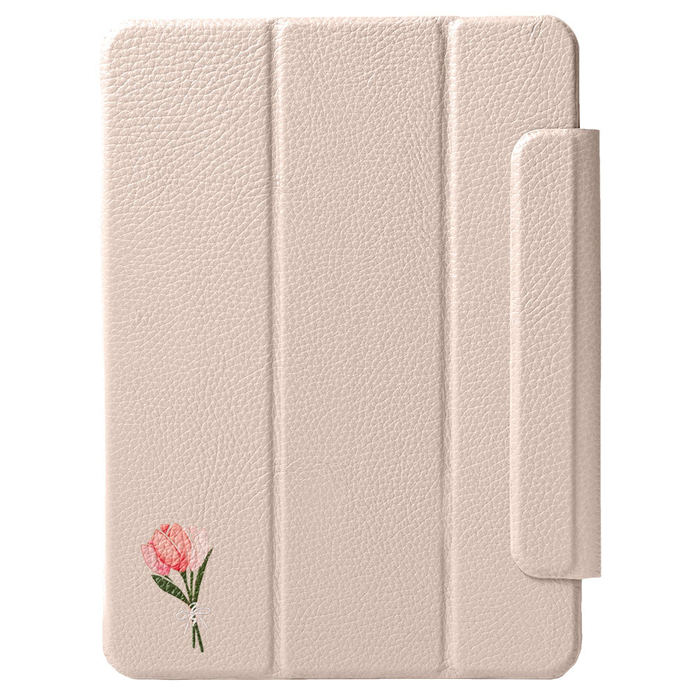 Étui iPad en cuir véritable italien gaufré, imprimé tulipe, 32 couleurs, fonction support