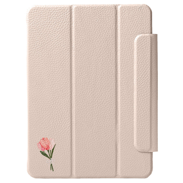Étui iPad en cuir véritable italien gaufré, imprimé tulipe, 32 couleurs, fonction support