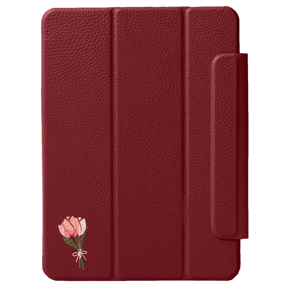 Étui iPad en cuir véritable italien gaufré, imprimé tulipe, 32 couleurs, fonction support