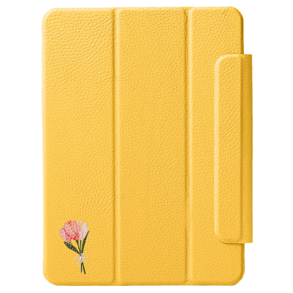 Étui iPad en cuir véritable italien gaufré, imprimé tulipe, 32 couleurs, fonction support