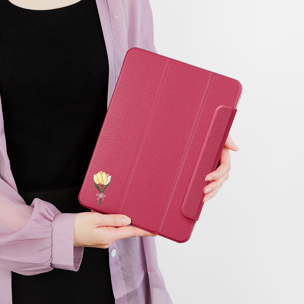 Étui iPad en cuir véritable italien gaufré, imprimé tulipe, 32 couleurs, fonction support