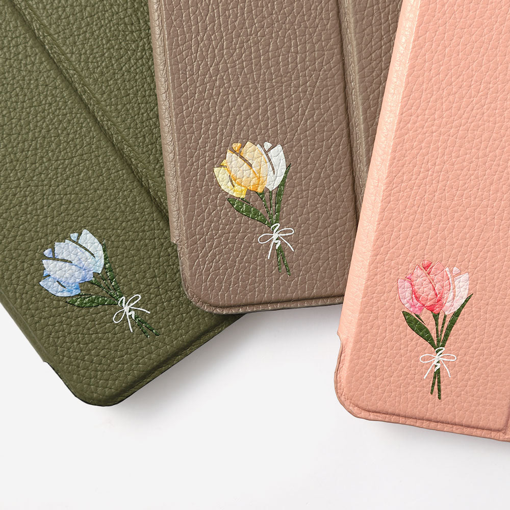 Étui iPad en cuir véritable italien gaufré, imprimé tulipe, 32 couleurs, fonction support
