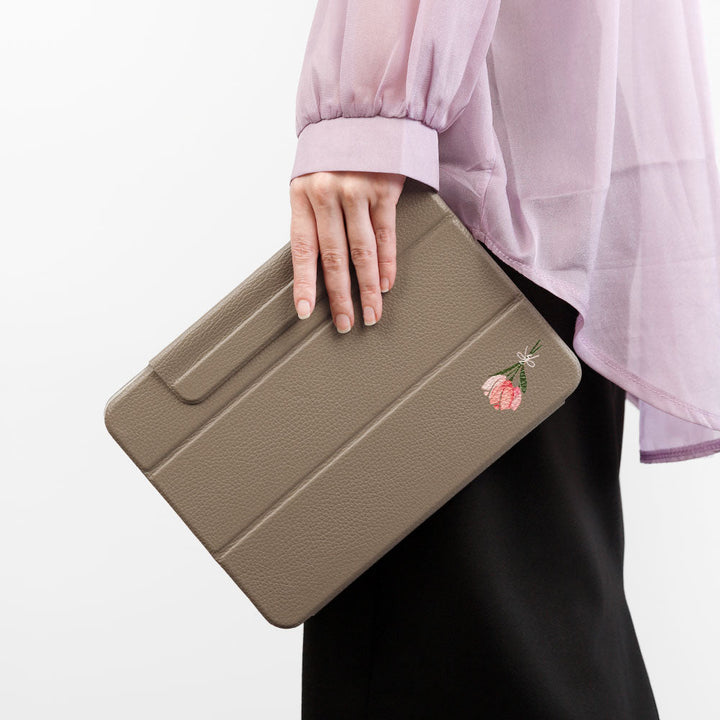 Étui iPad en cuir véritable italien gaufré, imprimé tulipe, 32 couleurs, fonction support