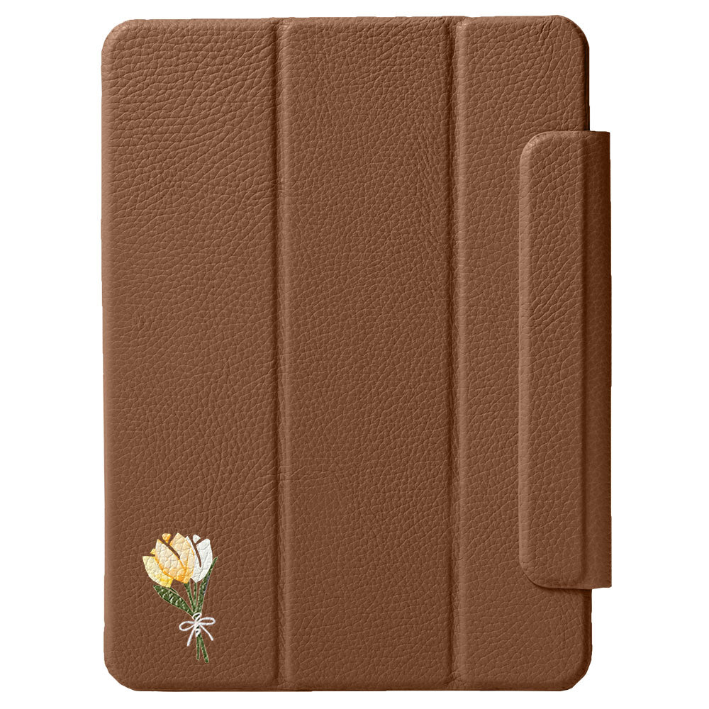 Étui iPad en cuir véritable italien gaufré, imprimé tulipe, 32 couleurs, fonction support